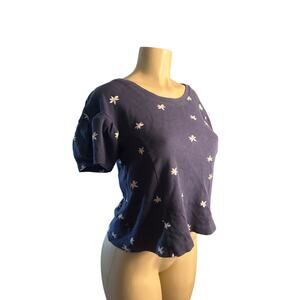 Women XS Anthropologie Postmark Jasmine Navy Floral Print Tee Shirt Top Retro